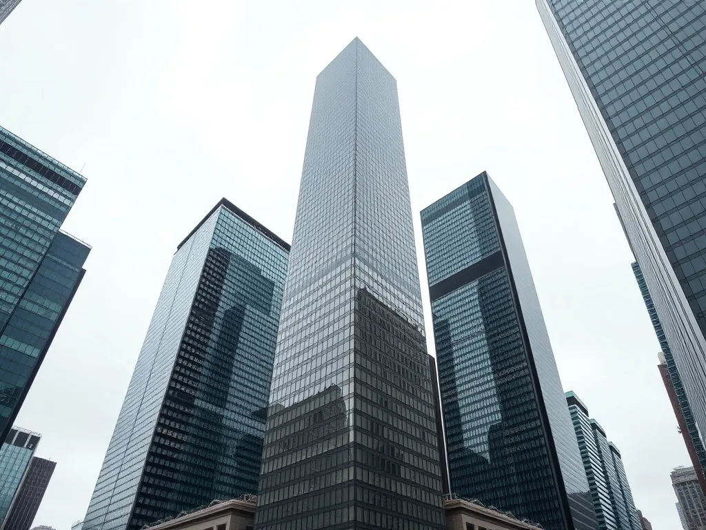 A wide angle architectural shot of the Toronto financial dis