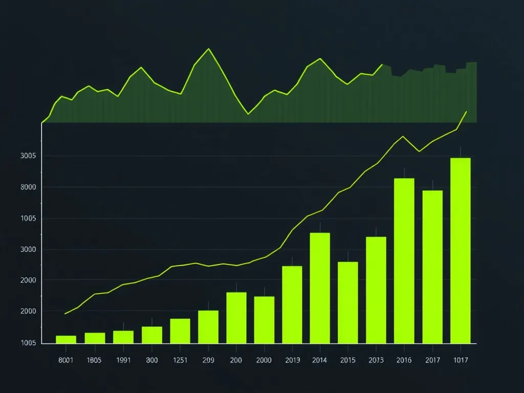 A technical financial chart showing growth curves and bar gr